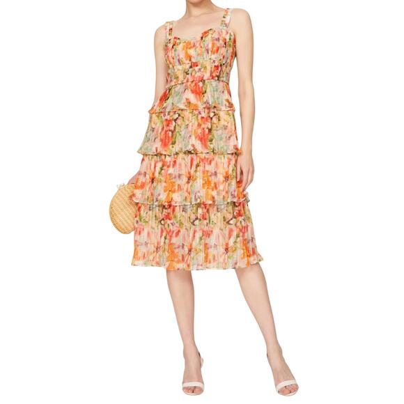 Marchesa Notte Floral Midi Dress in Orange, Size US 2 - Picture 2 of 7